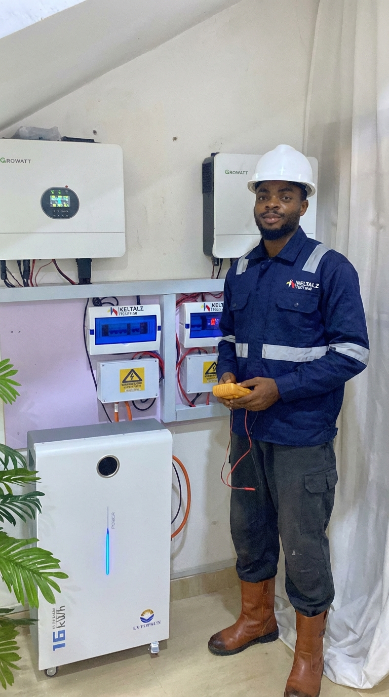Keltalz technician testing a Growatt hybrid inverter and lithium battery installation