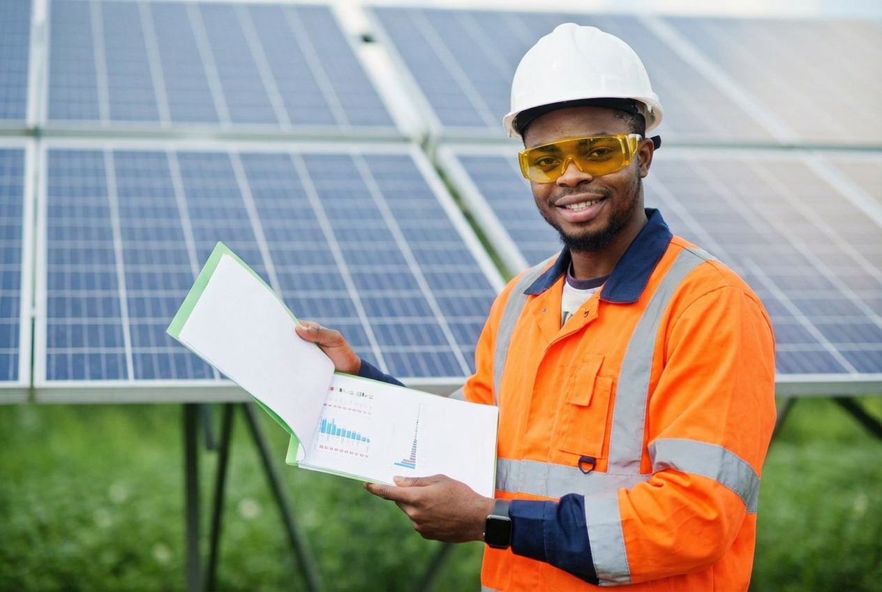 Keltalz solar engineer reviewing performance reports on a solar farm