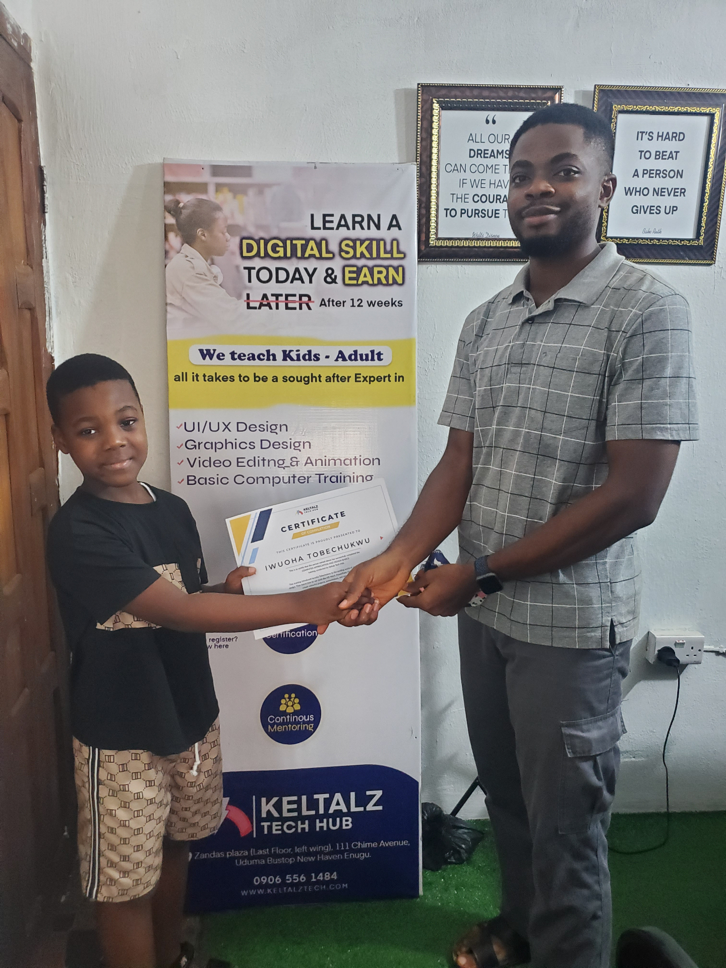 Certificate presentation after a Keltalz Academy training session